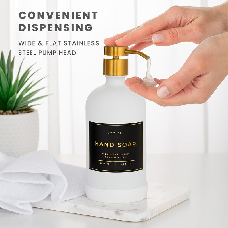 Verute Hand and Dish Soap Dispenser for Kitchen and Bathroom, Set of 2 16 Oz Glass Bottles, Stainless Steel Pumps, Non-Slip Silicone Base, 27 Waterproof Labels (Matte White Bottle/Brushed Gold Pump) - Image 4